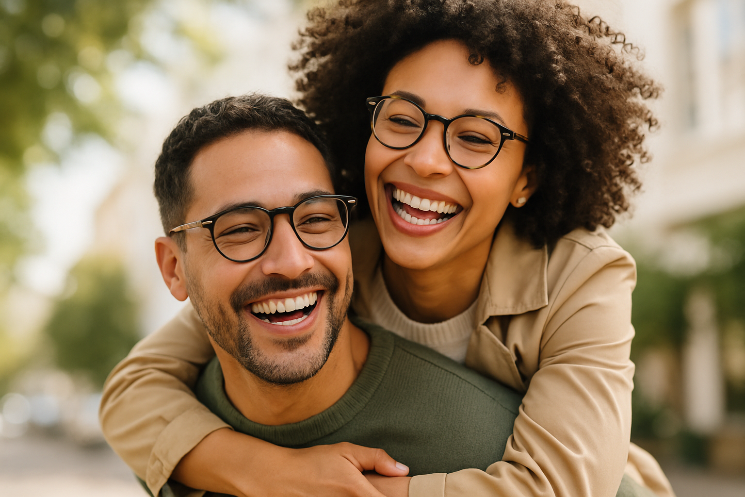 COUPLES WITH GLASSES PIGGYBACK RIDE
